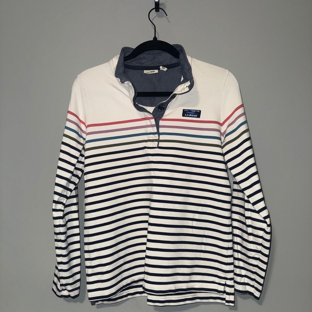 LL Bean Striped Long Sleeve Button Mock Neck Pullover Shirt Size Small